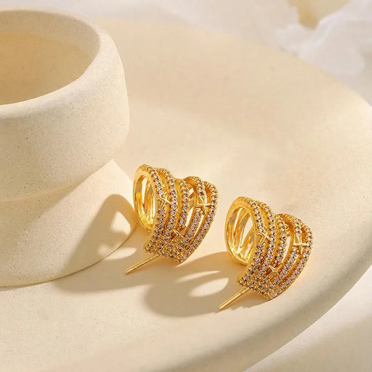 Hot Selling Niche Personality Temperament Earrings Ear Hoops Copper Plated 18K Gold Micro Inlaid Zircon Star Pearl Double Layer Geometric Personality Stud Earrings Jewelry