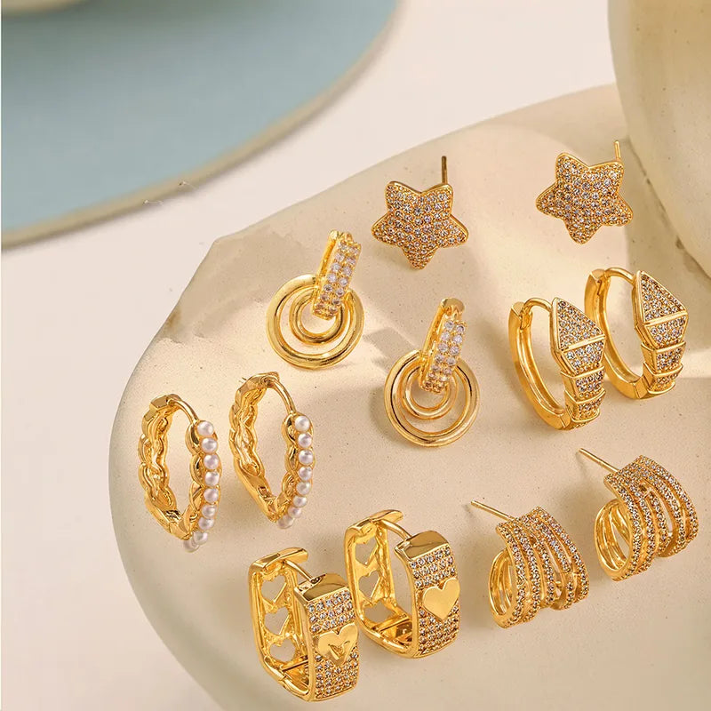 Hot Selling Niche Personality Temperament Earrings Ear Hoops Copper Plated 18K Gold Micro Inlaid Zircon Star Pearl Double Layer Geometric Personality Stud Earrings Jewelry