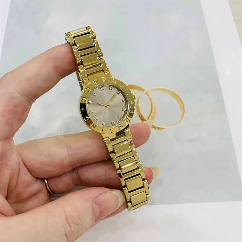 IBSO Gold Diamond Embedded Ladies Watch Small Dial Waterproof Fashionable Quartz Stainless Steel Band Round Shape Luxury Brand (Copy)