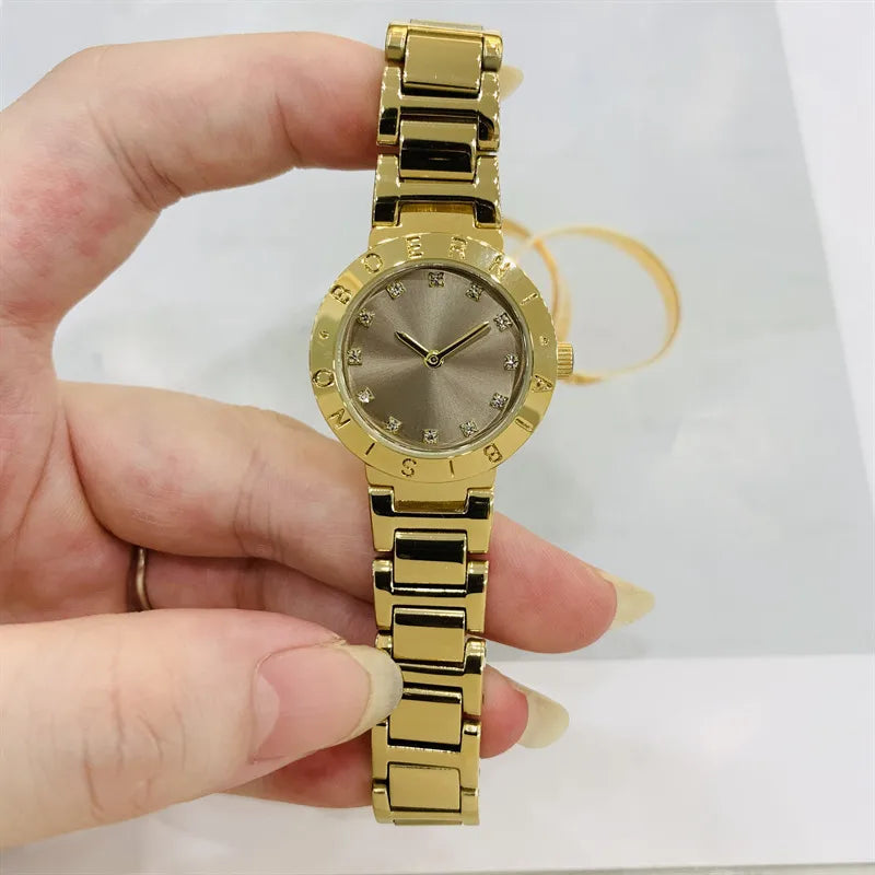 IBSO Gold Diamond Embedded Ladies Watch Small Dial Waterproof Fashionable Quartz Stainless Steel Band Round Shape Luxury Brand (Copy)