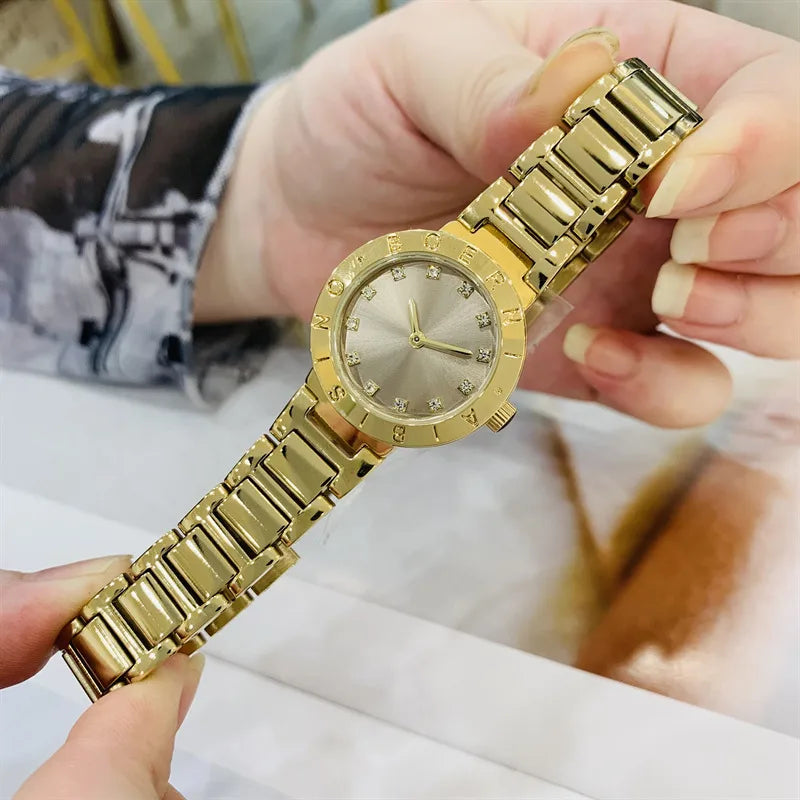 IBSO Gold Diamond Embedded Ladies Watch Small Dial Waterproof Fashionable Quartz Stainless Steel Band Round Shape Luxury Brand (Copy)