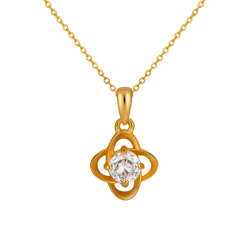 Ins Style Titanium Steel Necklace With Engraved Four Leaf Clover And Zirconia Pendant New Fashion Geometric Pattern Gold Plated