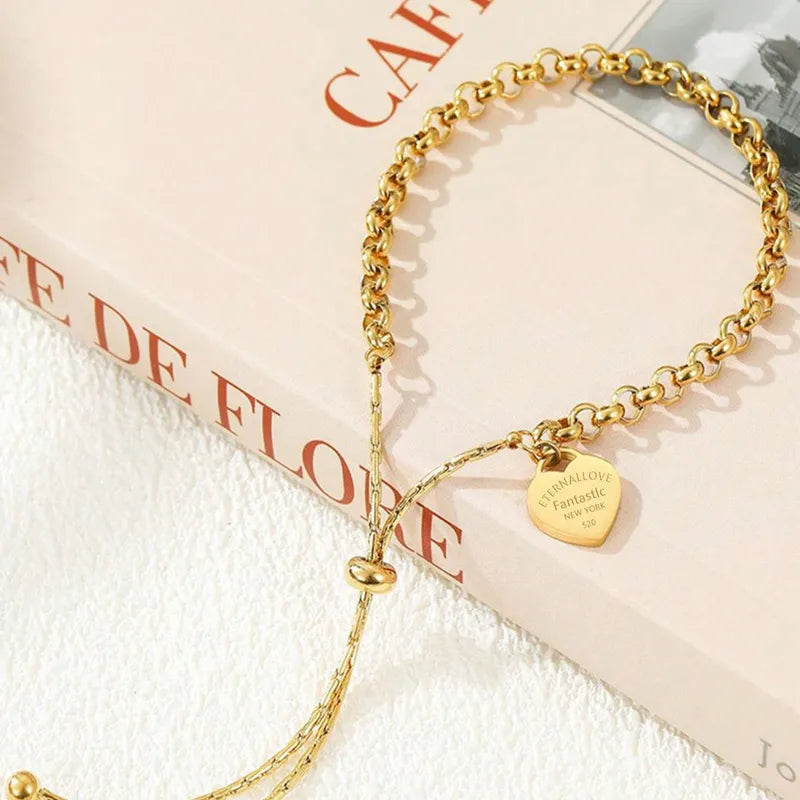 Ion Plating (IP) 18K Gold Plated Heart Shape 304 Stainless Steel French Style Simple Style Classic Style Waterproof Non Tarnish 304 Stainless Steel Bracelets