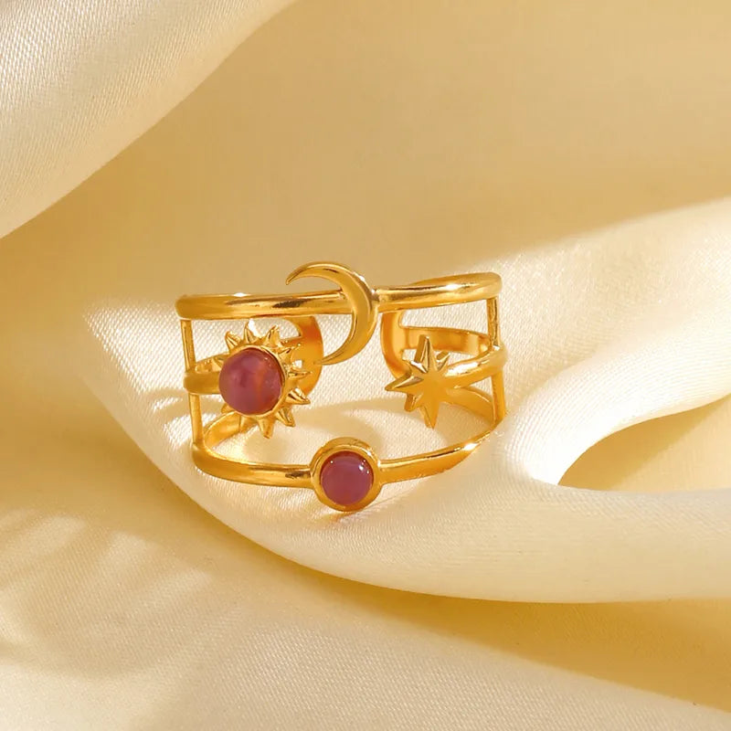 Ion Plating (IP) 18K Gold Plated Sun Star Moon 304 Stainless Steel IG Style Waterproof Non Tarnish Open Rings