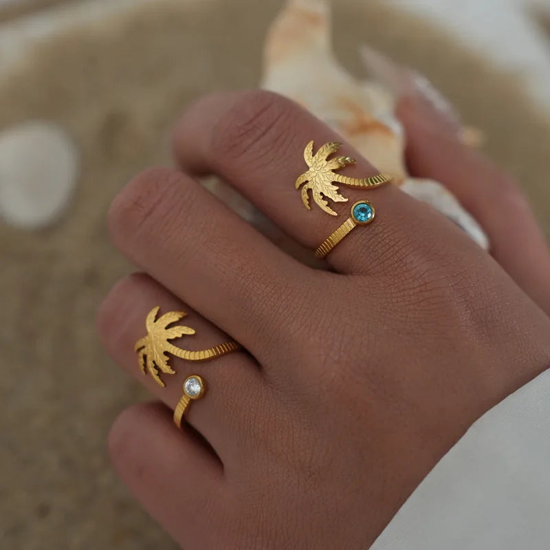 Ion Plating (IP) Real Gold Plated 18K Gold Coconut Tree 304 Stainless Steel Hawaiian Beach Waterproof Non Tarnish Open Rings