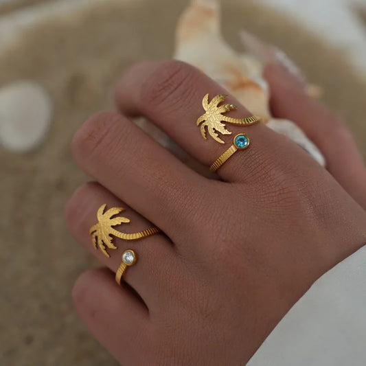 Ion Plating (IP) Real Gold Plated 18K Gold Coconut Tree 304 Stainless Steel Hawaiian Beach Waterproof Non Tarnish Open Rings