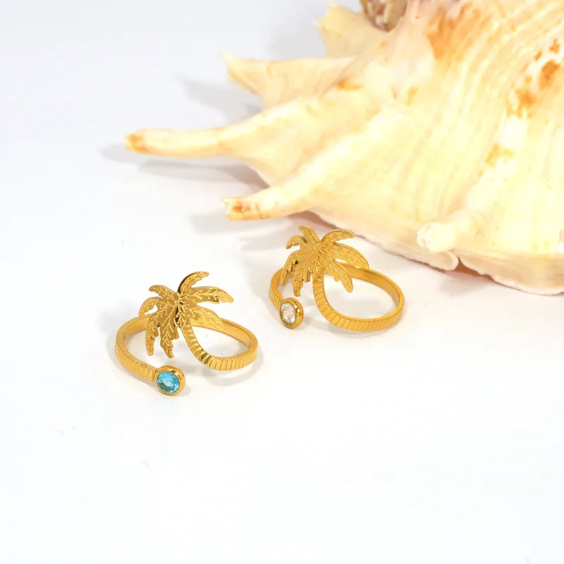 Ion Plating (IP) Real Gold Plated 18K Gold Coconut Tree 304 Stainless Steel Hawaiian Beach Waterproof Non Tarnish Open Rings