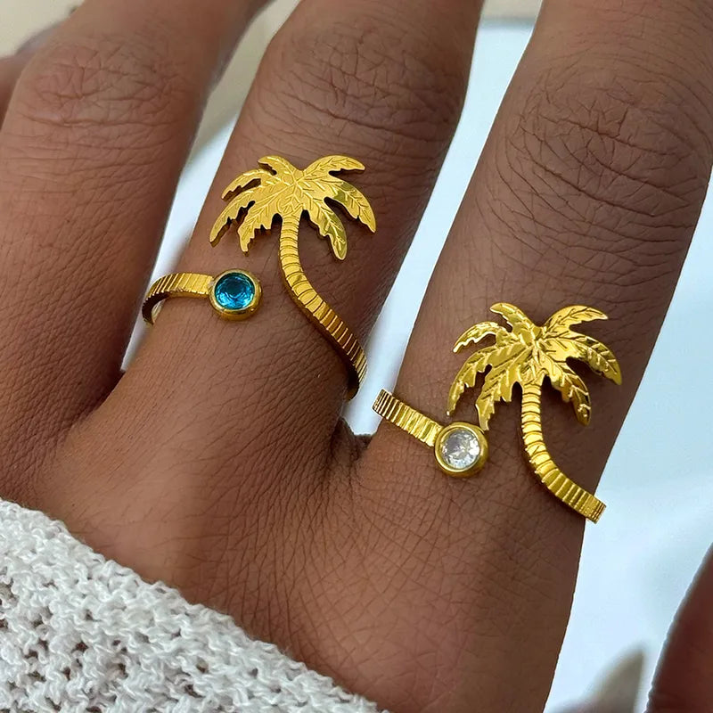 Ion Plating (IP) Real Gold Plated 18K Gold Coconut Tree 304 Stainless Steel Hawaiian Beach Waterproof Non Tarnish Open Rings