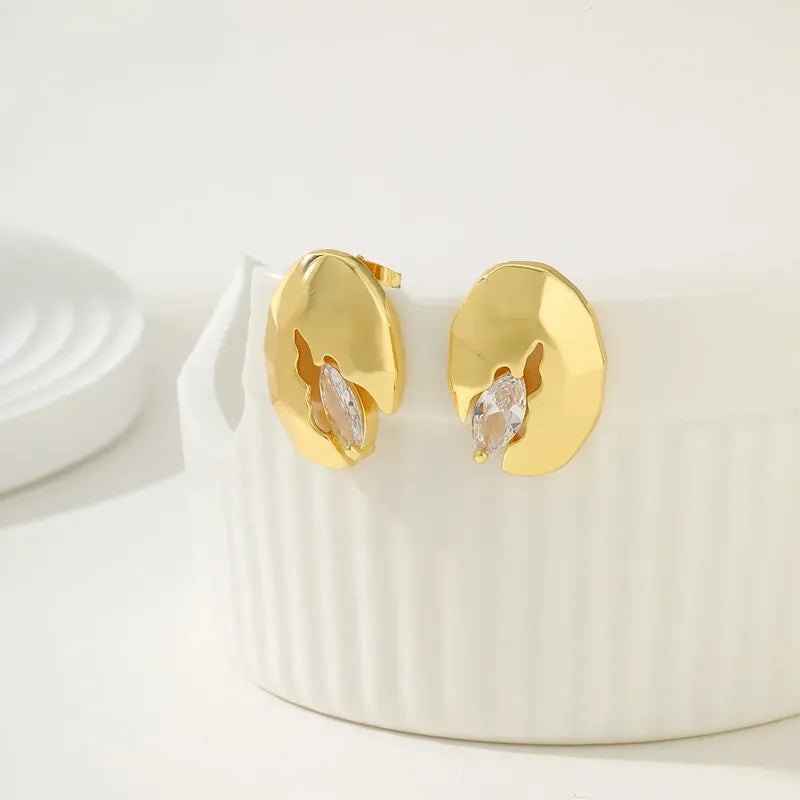 Irregular Copper Plated Imitation Gold Design Stud Earrings Embedded With Zirconia Stones For Women Elegant Simple Style