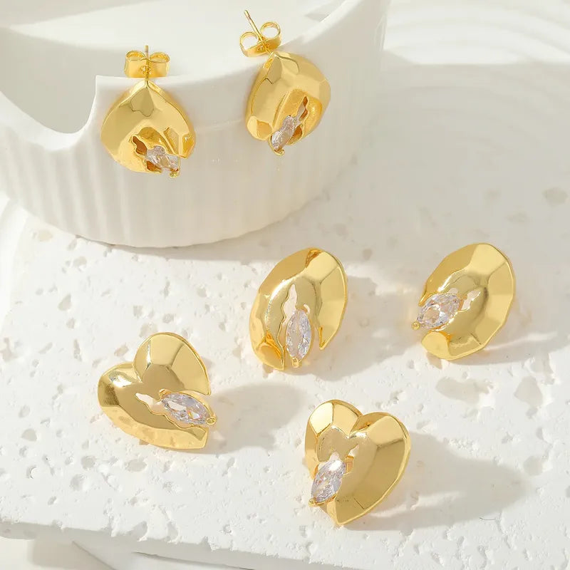 Irregular Copper Plated Imitation Gold Design Stud Earrings Embedded With Zirconia Stones For Women Elegant Simple Style