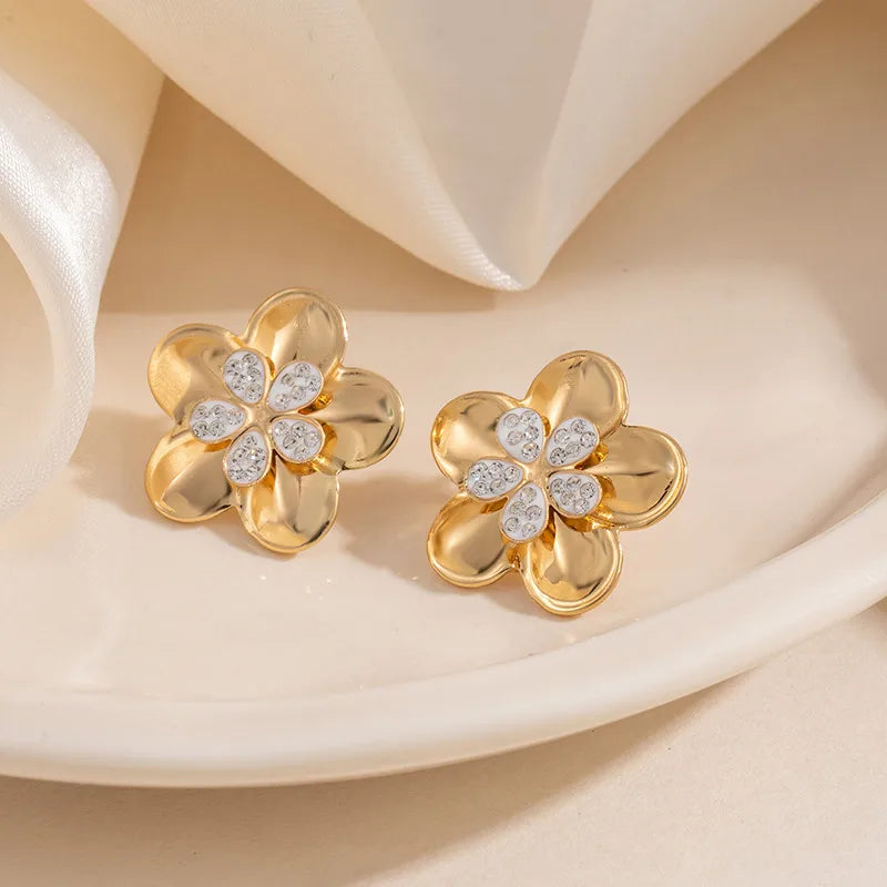 Irregular Flower Texture Zircon Titanium Steel Earrings Bohemian Women's Jewelry Simple