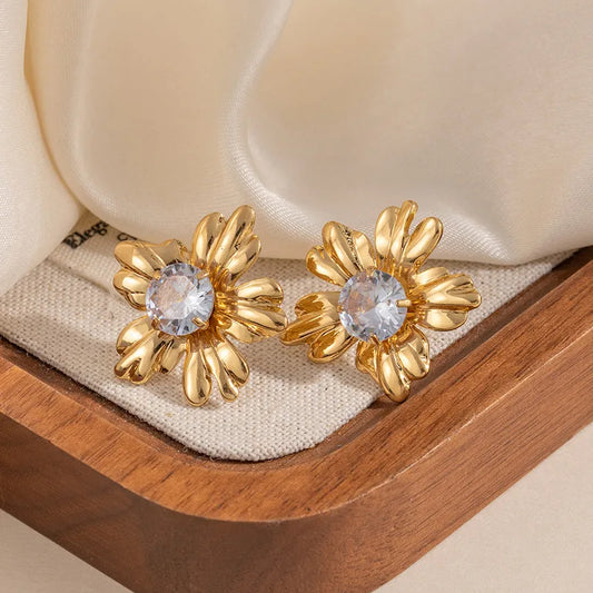 Irregular Flower Texture Zircon Titanium Steel Earrings Bohemian Women's Jewelry Simple