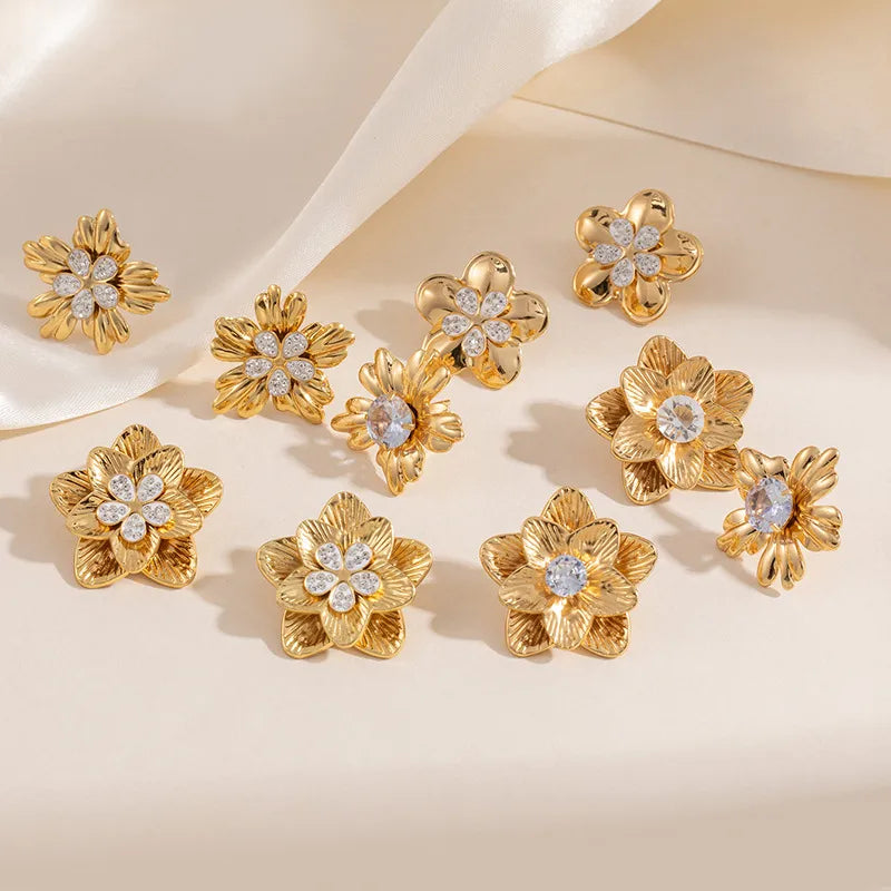 Irregular Flower Texture Zircon Titanium Steel Earrings Bohemian Women's Jewelry Simple