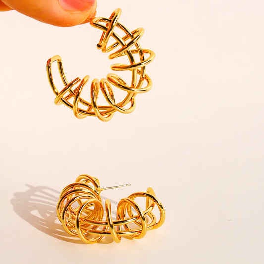 Irregular Line Wrapped C-Shaped Earrings For Men And Women Trendy Spring Spiral Hoop Earrings Brass 3D Hypoallergenic 1136