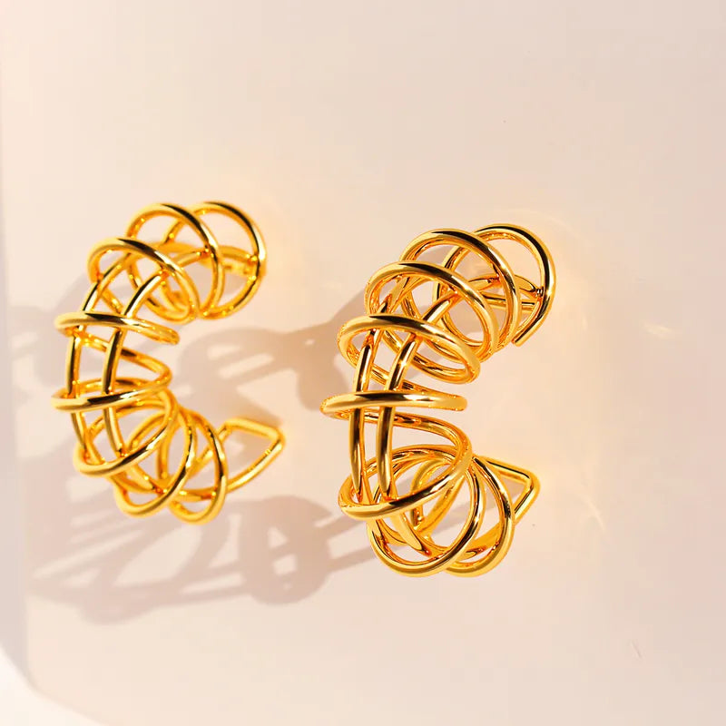 Irregular Line Wrapped C-Shaped Earrings For Men And Women Trendy Spring Spiral Hoop Earrings Brass 3D Hypoallergenic 1136