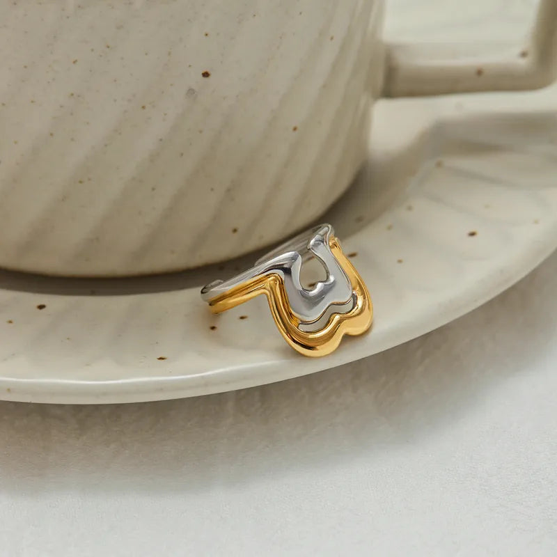 Ladies Romantic Sweet Open Ring 18K Gold Stainless Steel Gold And Silver Color Block Heart Hollow Out Adjustable Ring For Travel