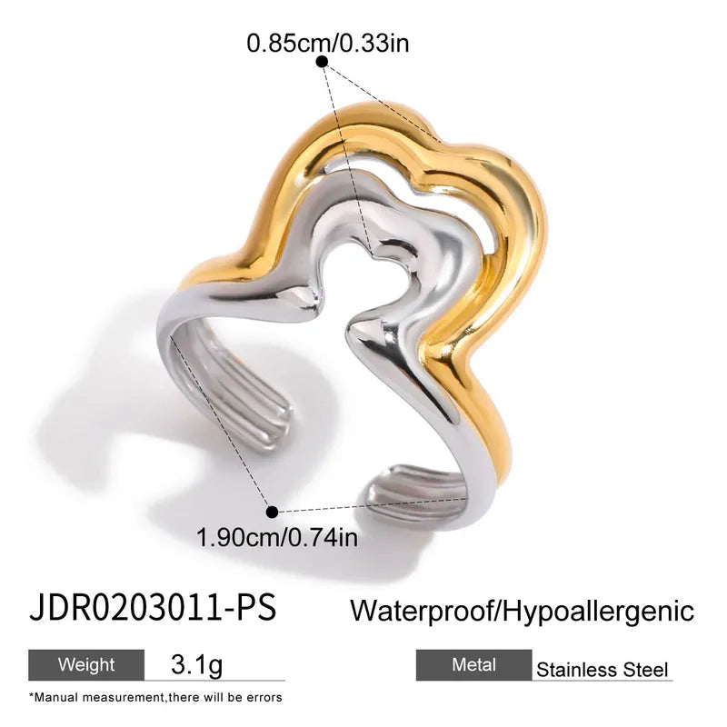 Ladies Romantic Sweet Open Ring 18K Gold Stainless Steel Gold And Silver Color Block Heart Hollow Out Adjustable Ring For Travel