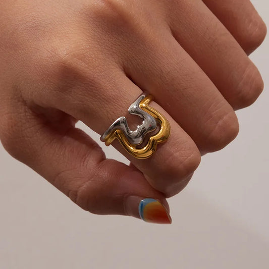 Ladies Romantic Sweet Open Ring 18K Gold Stainless Steel Gold And Silver Color Block Heart Hollow Out Adjustable Ring For Travel