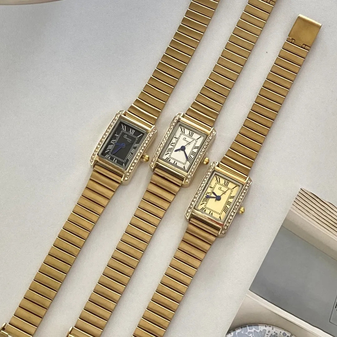 Ladies Square Diamond Embedded Watch Simple Luxury Bamboo Node Steel Band Quartz Wristwatch American Style Rectangular Dial