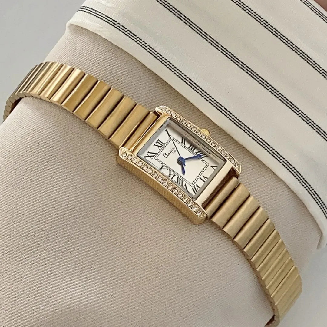 Ladies Square Diamond Embedded Watch Simple Luxury Bamboo Node Steel Band Quartz Wristwatch American Style Rectangular Dial