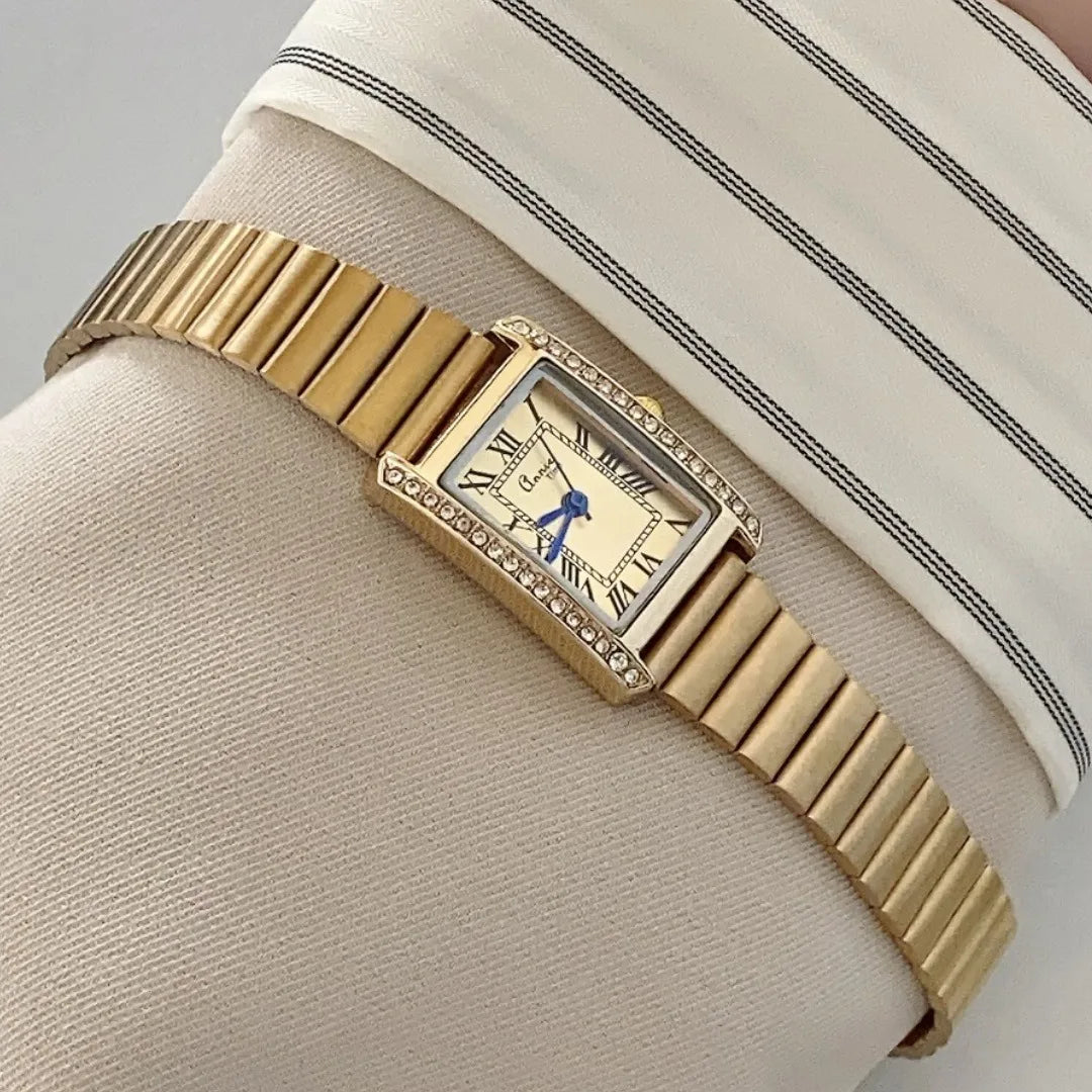 Ladies Square Diamond Embedded Watch Simple Luxury Bamboo Node Steel Band Quartz Wristwatch American Style Rectangular Dial