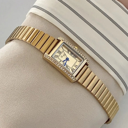 Ladies Square Diamond Embedded Watch Simple Luxury Bamboo Node Steel Band Quartz Wristwatch American Style Rectangular Dial