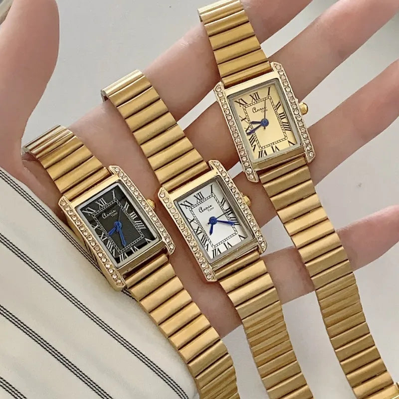 Ladies Square Diamond Embedded Watch Simple Luxury Bamboo Node Steel Band Quartz Wristwatch American Style Rectangular Dial