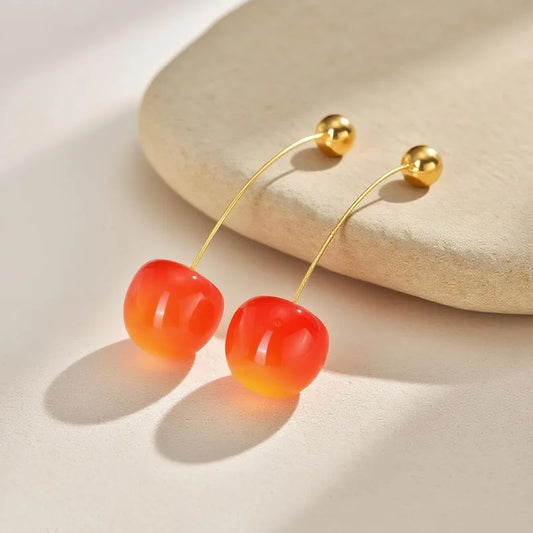 Ladies Stainless Steel Red Cherry Fruit Earrings Golden Round Beads Ear Jewelry Sweet Style Ins Wind Electroplated Ear Studs