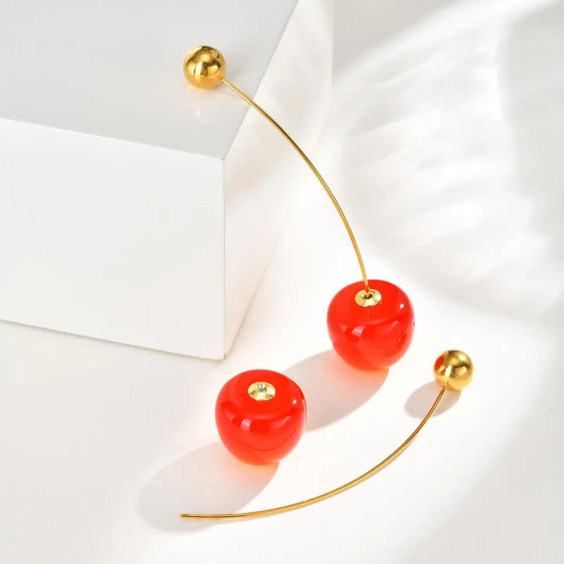 Ladies Stainless Steel Red Cherry Fruit Earrings Golden Round Beads Ear Jewelry Sweet Style Ins Wind Electroplated Ear Studs