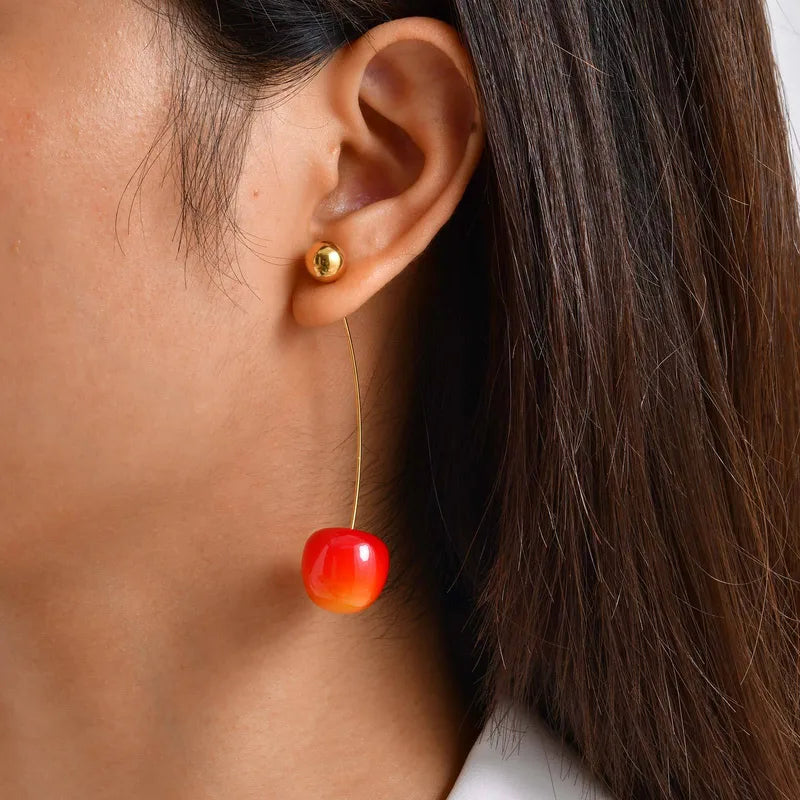 Ladies Stainless Steel Red Cherry Fruit Earrings Golden Round Beads Ear Jewelry Sweet Style Ins Wind Electroplated Ear Studs