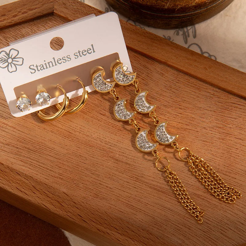 Long Headwear Zircon Titanium Steel Earring Set For Women With Tassel Moon Square Heart Pendant Earrings