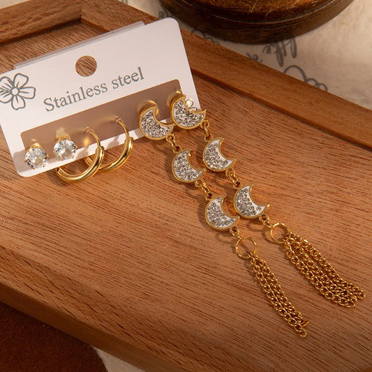 Long Headwear Zircon Titanium Steel Earring Set For Women With Tassel Moon Square Heart Pendant Earrings