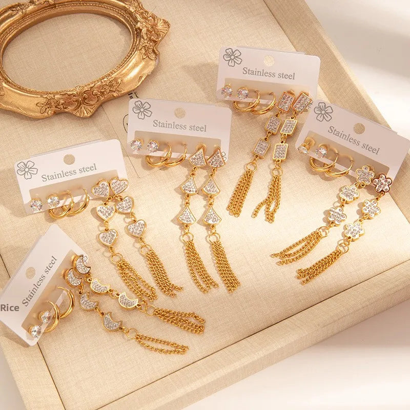 Long Headwear Zircon Titanium Steel Earring Set For Women With Tassel Moon Square Heart Pendant Earrings