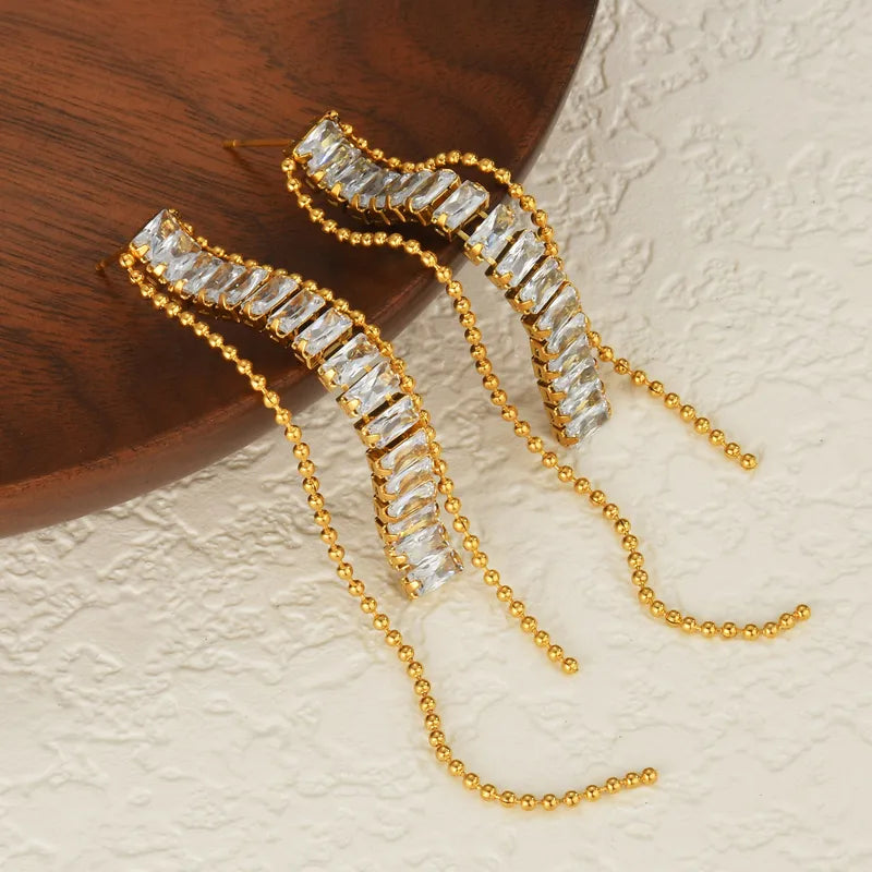 Long Titanium Steel Zircon Tassel Women's Earrings Simple Jewelry Accessories