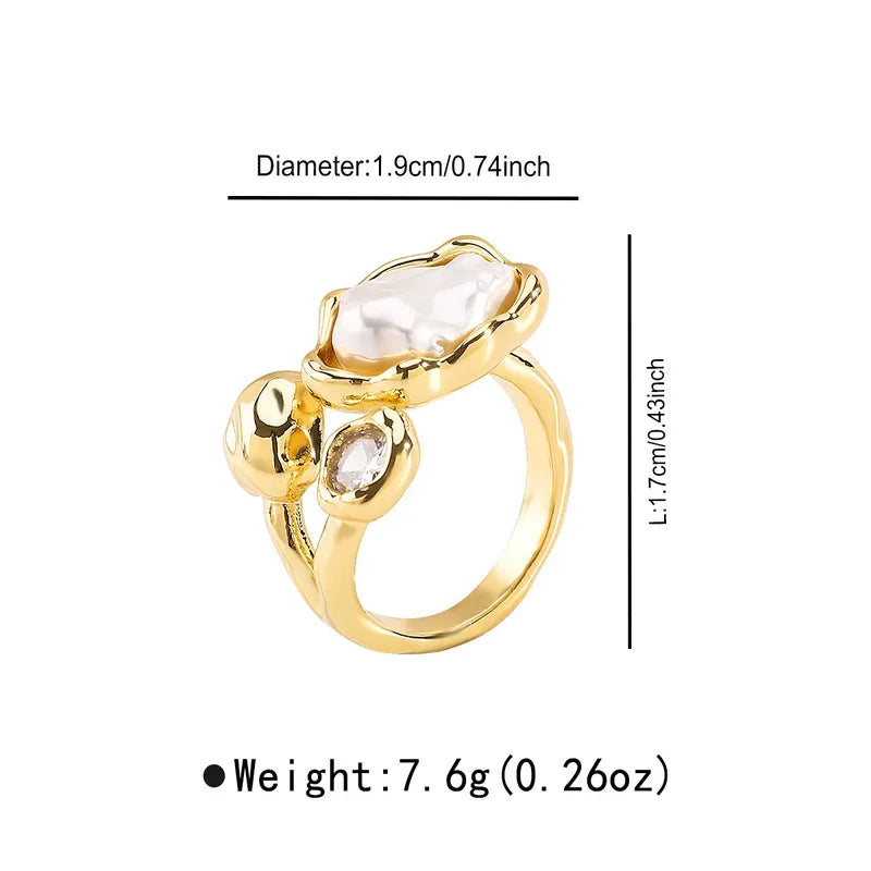Luxurious Baroque Pearl Ring For Women Unique Design Copper Zircon Open Style Vintage Finger Ring Commute Fashion Jewelry