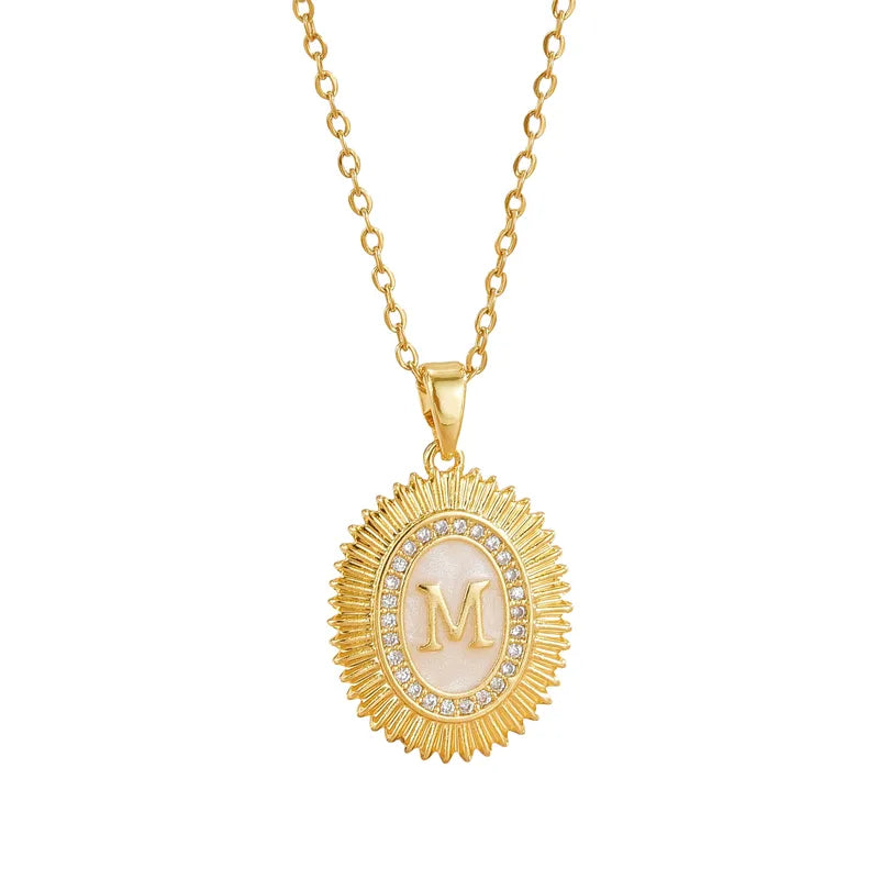 Luxurious French Style 18K Gold White Mother Of Pearl Letter Pattern Clavicle Chain Necklace With Micro-Set Zirconia For Women