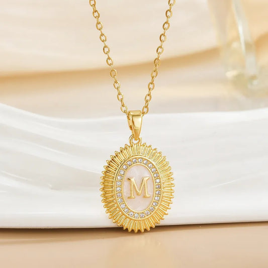 Luxurious French Style 18K Gold White Mother Of Pearl Letter Pattern Clavicle Chain Necklace With Micro-Set Zirconia For Women