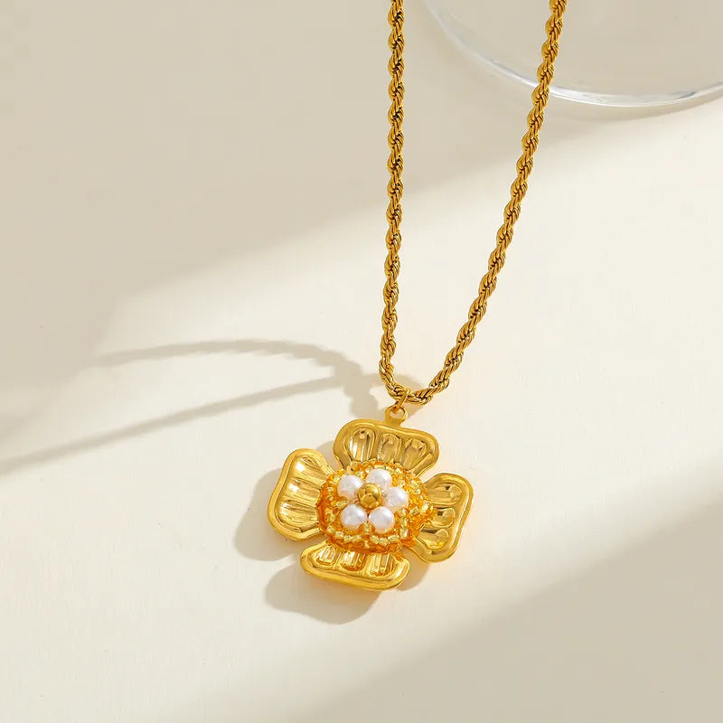 Luxurious Gold Plated Stainless Steel Pearl Embedded Butterfly Knot Pendant Necklace Casual Romantic Commute Style For Women