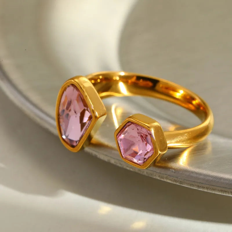 Elegant Open Ring Stainless Steel Plated 18K Gold Set With Zirconia Triangle Rhombus Design Casual Versatile Jewelry Accessory