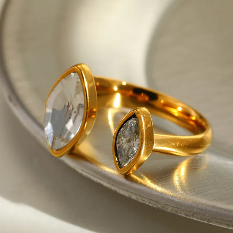 Elegant Open Ring Stainless Steel Plated 18K Gold Set With Zirconia Triangle Rhombus Design Casual Versatile Jewelry Accessory