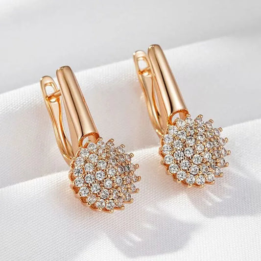 Luxurious Rose Gold Full Zircon D-Lock Earrings Set Gulkina585 Elegant Geometric Pattern Fashionable Women's Jewelry Accessories