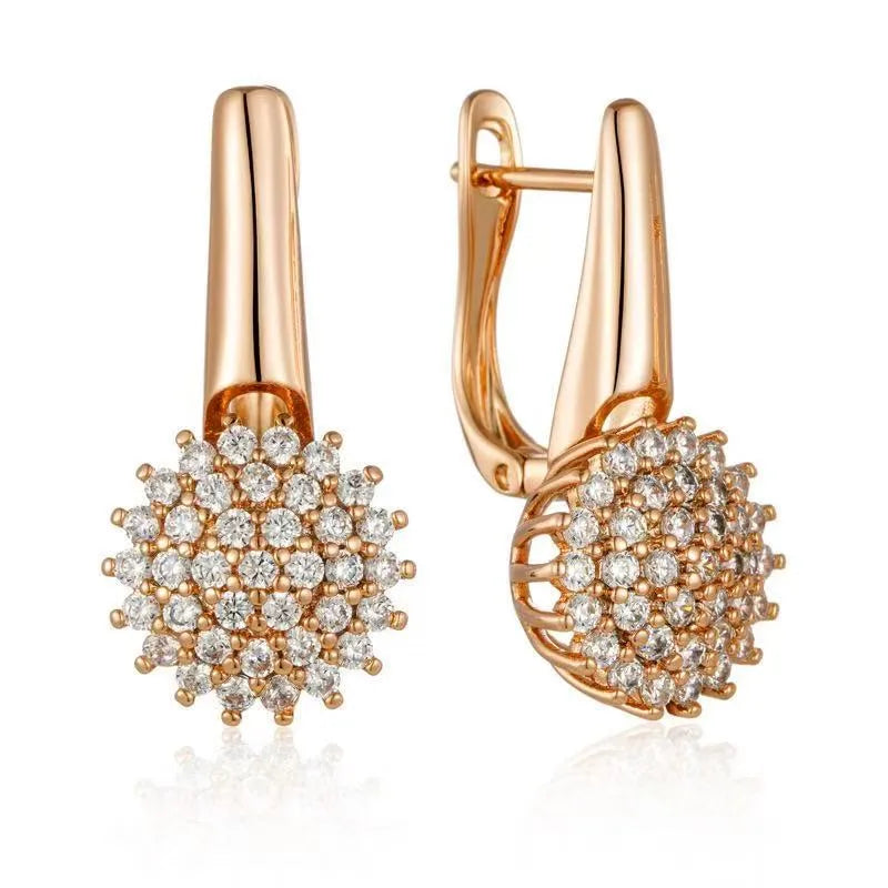 Luxurious Rose Gold Full Zircon D-Lock Earrings Set Gulkina585 Elegant Geometric Pattern Fashionable Women's Jewelry Accessories