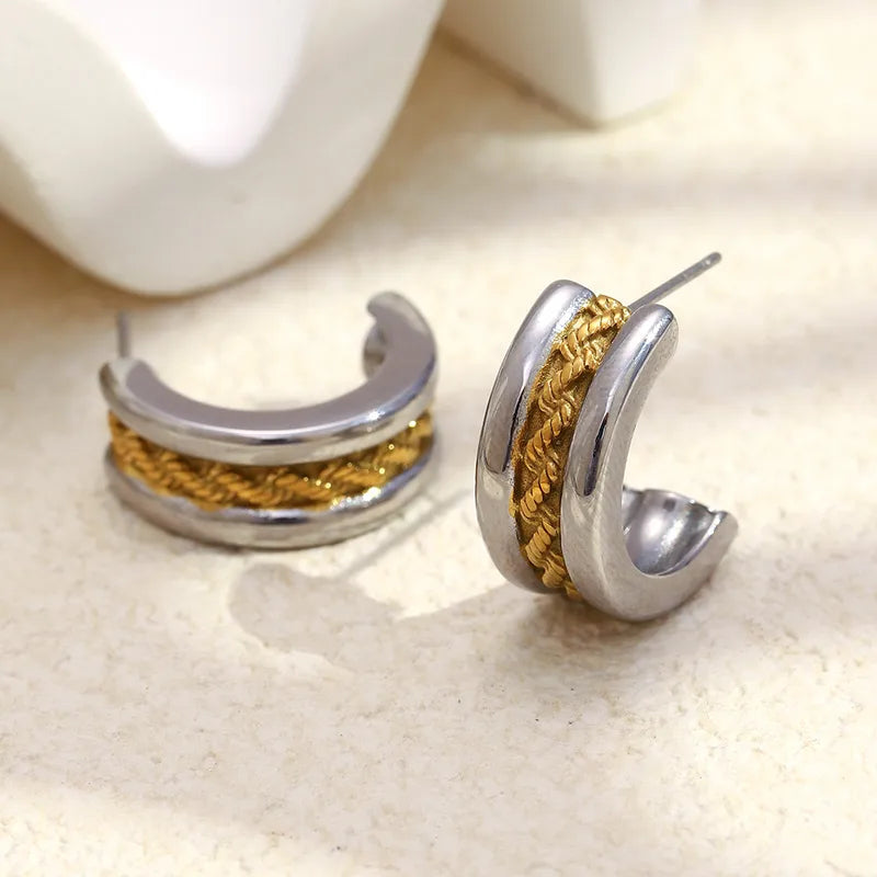 Luxurious Stainless Steel Vacuum Plated 18K Gold Twisted C-Shape Earrings For Women Fashionable Geometric Pattern Hoops