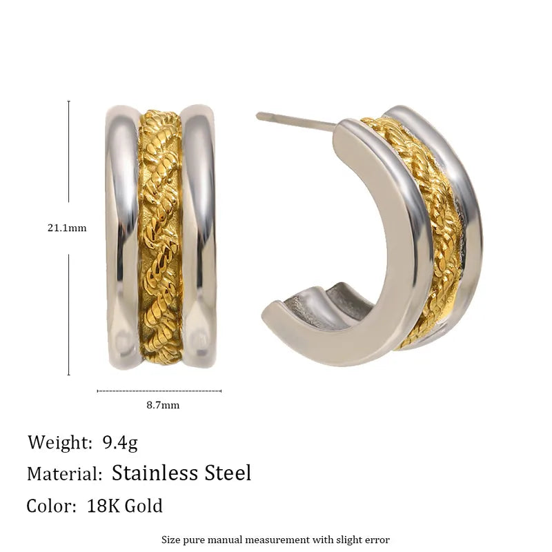Luxurious Stainless Steel Vacuum Plated 18K Gold Twisted C-Shape Earrings For Women Fashionable Geometric Pattern Hoops