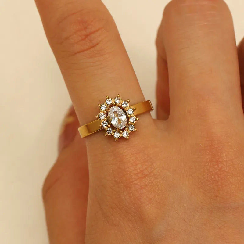 Luxurious Titanium Steel Open Ring For Women Elegant Waterdrop Shaped Zircon Ins Simple Versatile Gold Plated Geometric Ring