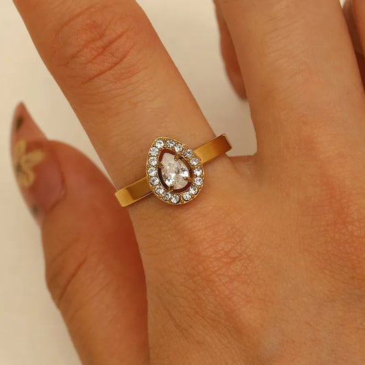 Luxurious Titanium Steel Open Ring For Women Elegant Waterdrop Shaped Zircon Ins Simple Versatile Gold Plated Geometric Ring