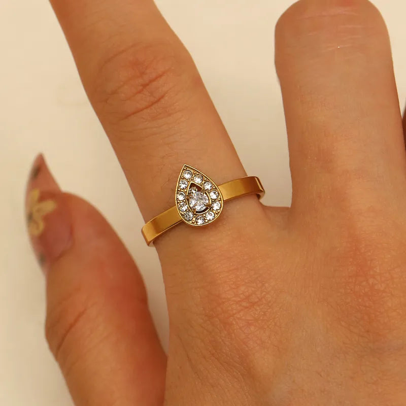Luxurious Titanium Steel Open Ring For Women Elegant Waterdrop Shaped Zircon Ins Simple Versatile Gold Plated Geometric Ring