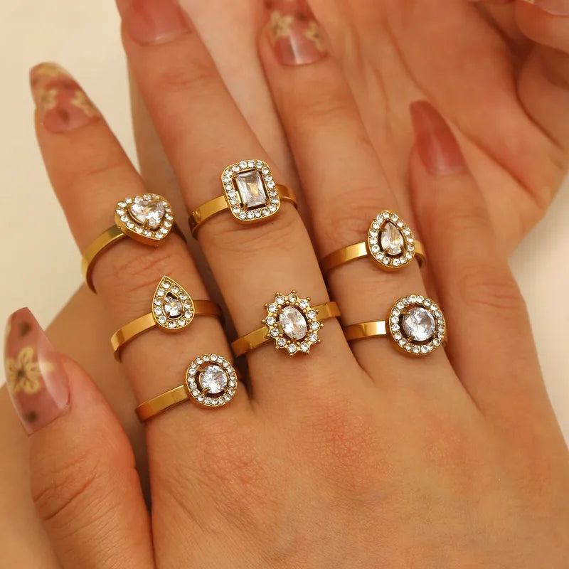 Luxurious Titanium Steel Open Ring For Women Elegant Waterdrop Shaped Zircon Ins Simple Versatile Gold Plated Geometric Ring)