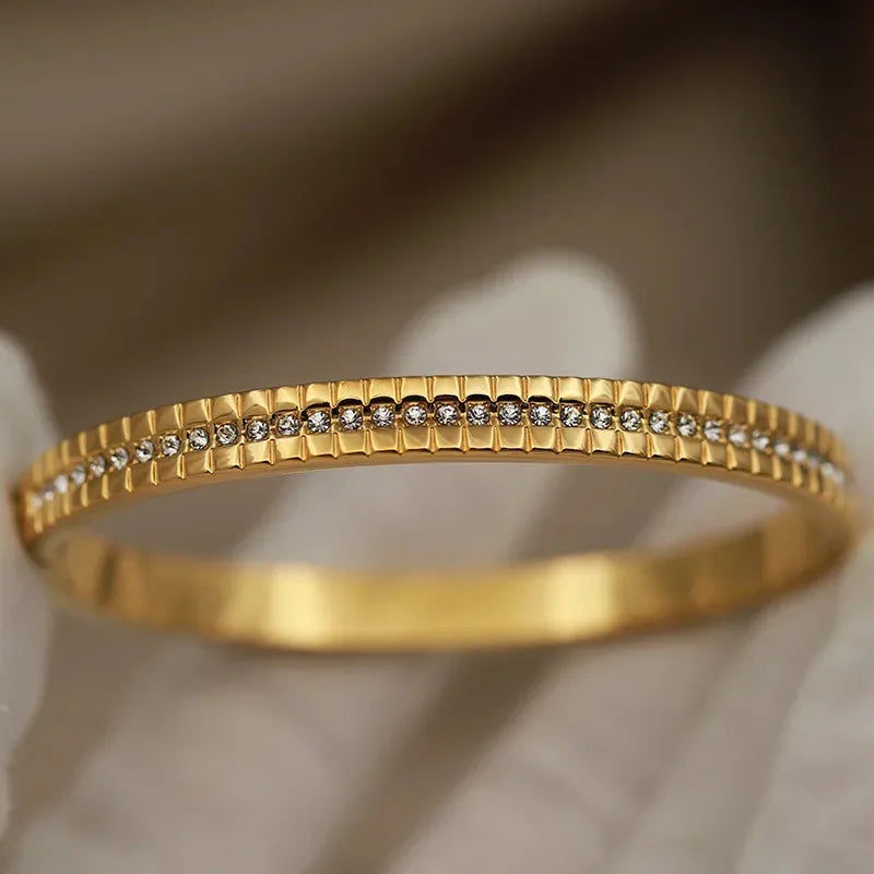 Luxurious Titanium Steel Zirconia Single Row Bracelet With Square Buckle Clasp Elegant Grid Pattern Vacuum Plated Gold Finish