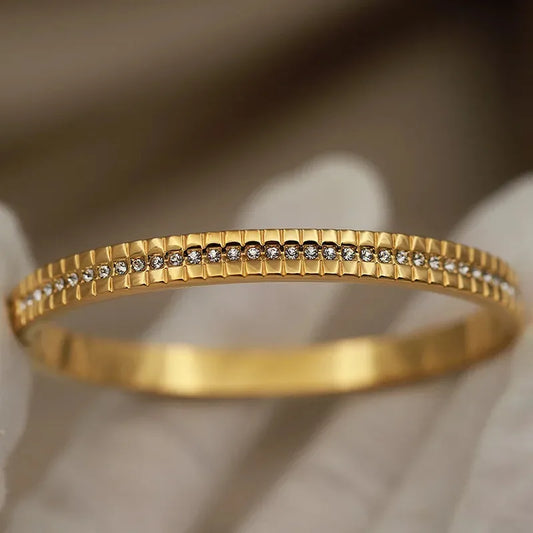 Luxurious Titanium Steel Zirconia Single Row Bracelet With Square Buckle Clasp Elegant Grid Pattern Vacuum Plated Gold Finish